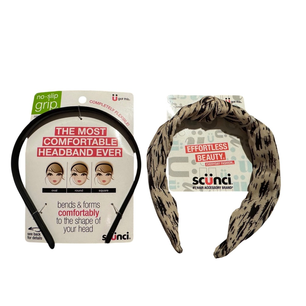 Scunci Headband Set 2pc Black NoSlip Grip Flexible & Cream Animal Print Top Knot